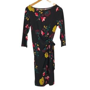 Ann Taylor Black Dark Floral Print Wrap Tie Dress Size M Stretchy Career